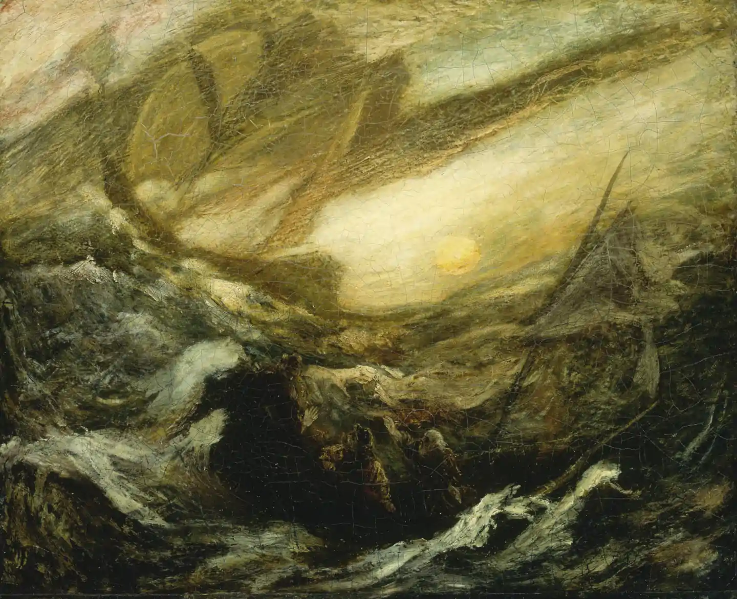 Il dipinto "The Flying Dutchman" di Albert Pinkham Ryder, raffigura una nave fantasma avvolta in un paesaggio marino turbolento e minaccioso sotto un cielo scuro e tempestoso.