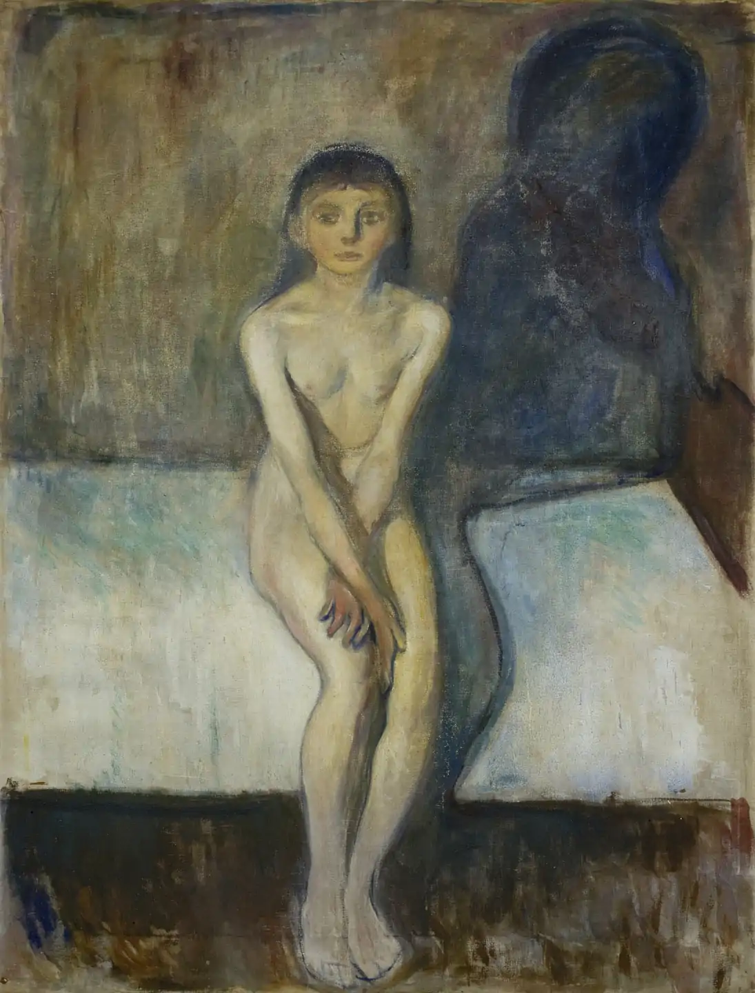 Il dipinto "Puberty" di Edvard Munch ritrae una giovane ragazza seduta nuda sul bordo di un letto.