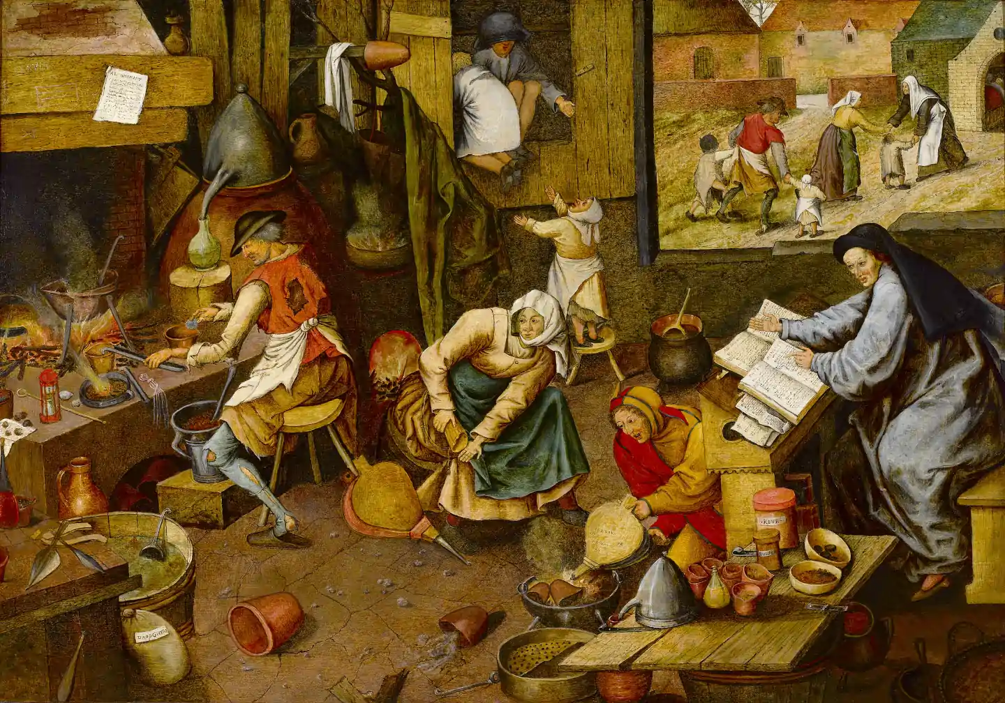 Il dipinto "L'Alchimista" di Pieter Bruegel il Vecchio raffigura un interno caotico e dettagliato dove un alchimista è concentrato nel trasformare i metalli vili in oro, circondato da attrezzature scientifiche disordinate e membri della famiglia che soffrono di povertà, simboleggiando la follia dell'avidità e l'ossessione per obiettivi irraggiungibili.